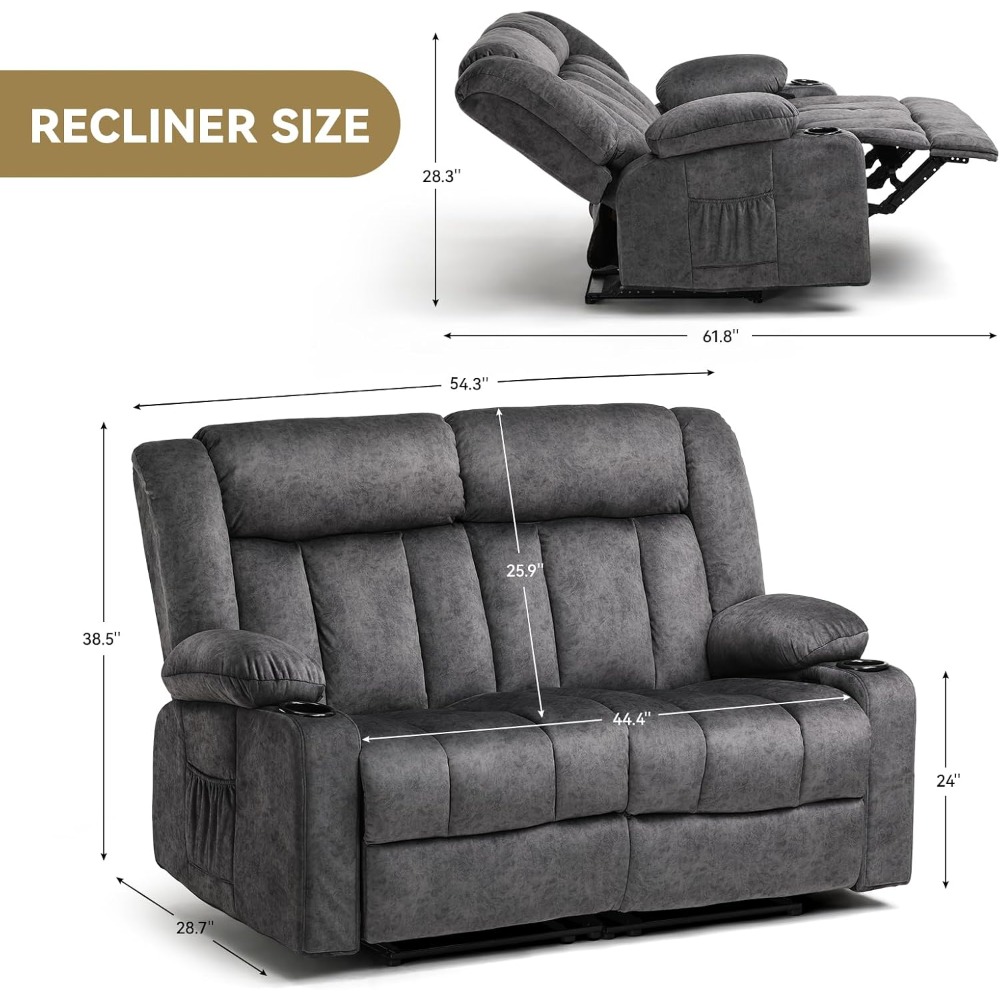 Fabric Reclining Sofa Chair with Cup Holders, Manual Recliner Couch, Upholstered Reclinerchair Set with Side Pockets