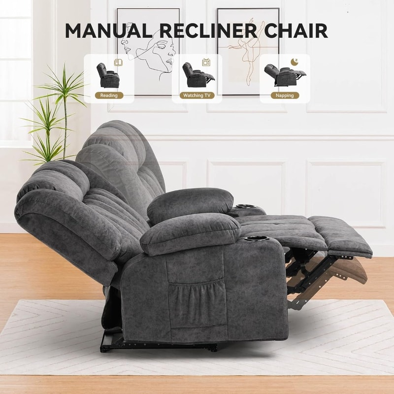 Fabric Reclining Sofa Chair with Cup Holders, Manual Recliner Couch, Upholstered Reclinerchair Set with Side Pockets