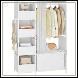 freestanding clothes storage organizer with hanging rod & curtain, portable wardrobe closet for bedroom