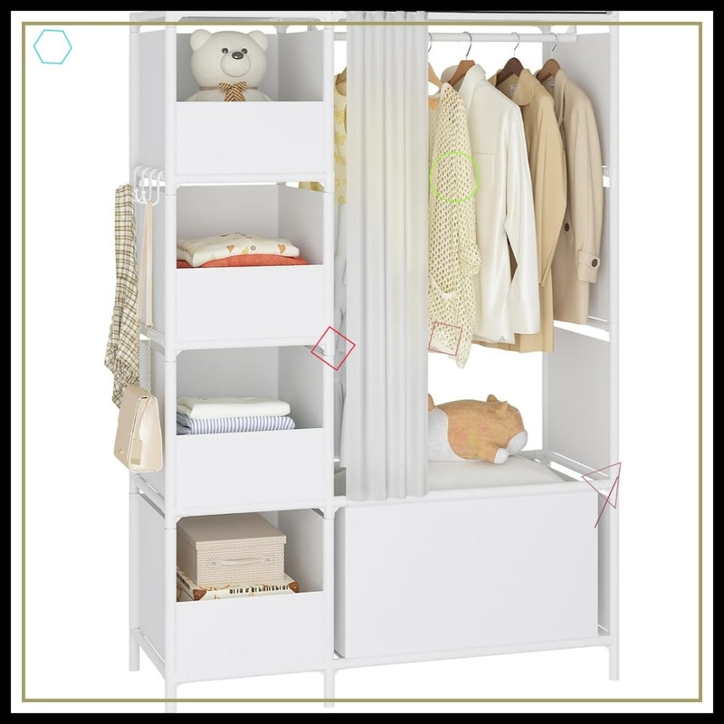 Freestanding Clothes Storage Organizer with Hanging Rod & Curtain, Portable Wardrobe Closet for Bedroom