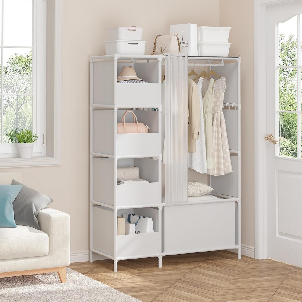 Freestanding Clothes Storage Organizer with Hanging Rod & Curtain, Portable Wardrobe Closet for Bedroom