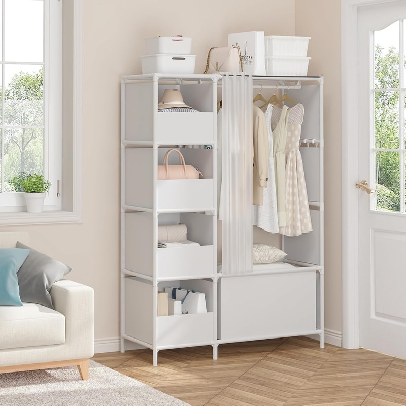 Freestanding Clothes Storage Organizer with Hanging Rod & Curtain, Portable Wardrobe Closet for Bedroom