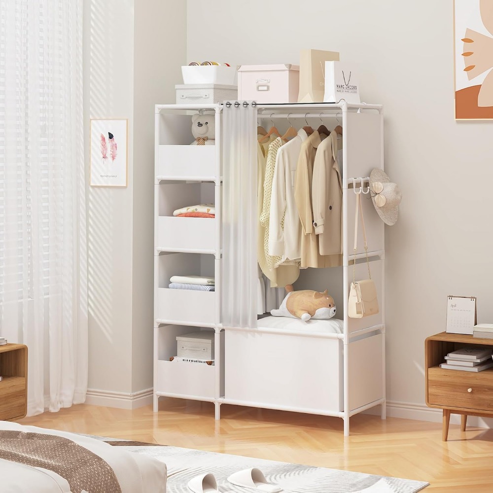 Freestanding Clothes Storage Organizer with Hanging Rod & Curtain, Portable Wardrobe Closet for Bedroom