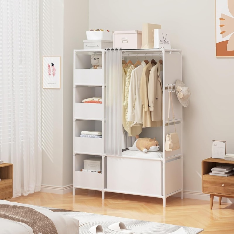 Freestanding Clothes Storage Organizer with Hanging Rod & Curtain, Portable Wardrobe Closet for Bedroom