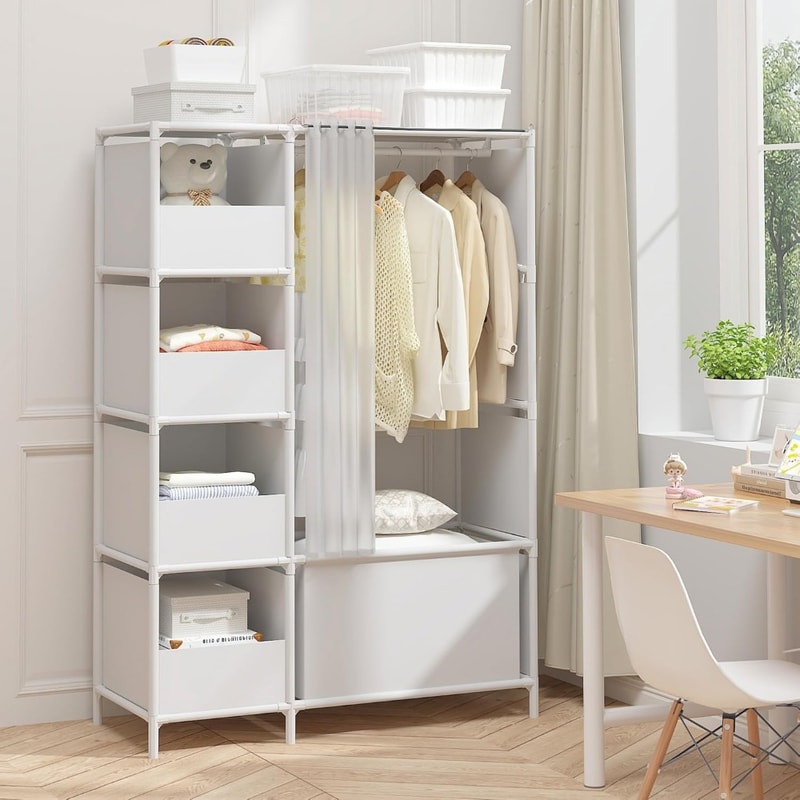 Freestanding Clothes Storage Organizer with Hanging Rod & Curtain, Portable Wardrobe Closet for Bedroom