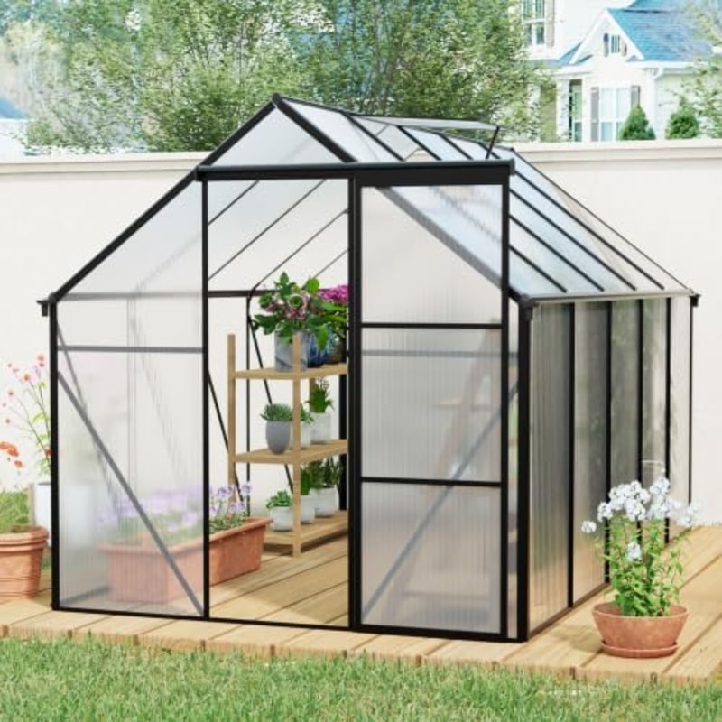 Adjustable Roof Vent Outdoor Patio Greenhouse, Sliding Door Walk-In Polycarbonate Greenhouse for Winter Plants