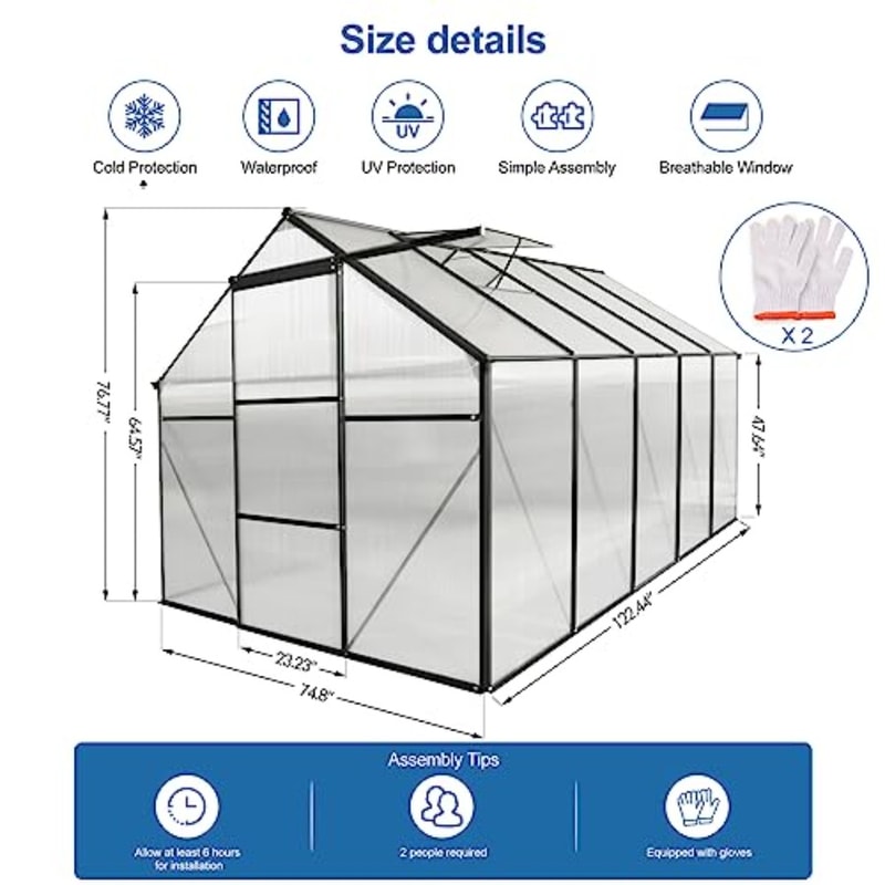 Adjustable Roof Vent Outdoor Patio Greenhouse, Sliding Door Walk-In Polycarbonate Greenhouse for Winter Plants