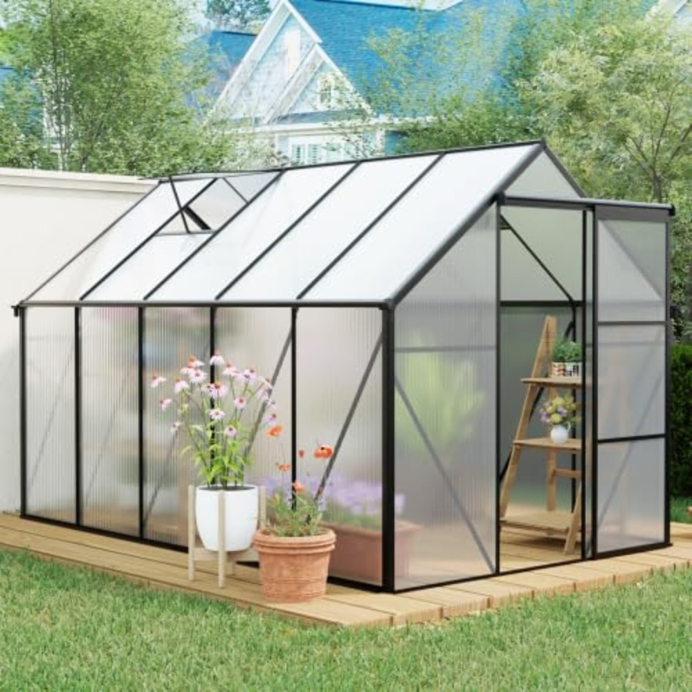 Adjustable Roof Vent Outdoor Patio Greenhouse, Sliding Door Walk-In Polycarbonate Greenhouse for Winter Plants