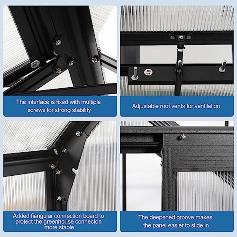 Adjustable Roof Vent Outdoor Patio Greenhouse, Sliding Door Walk-In Polycarbonate Greenhouse for Winter Plants