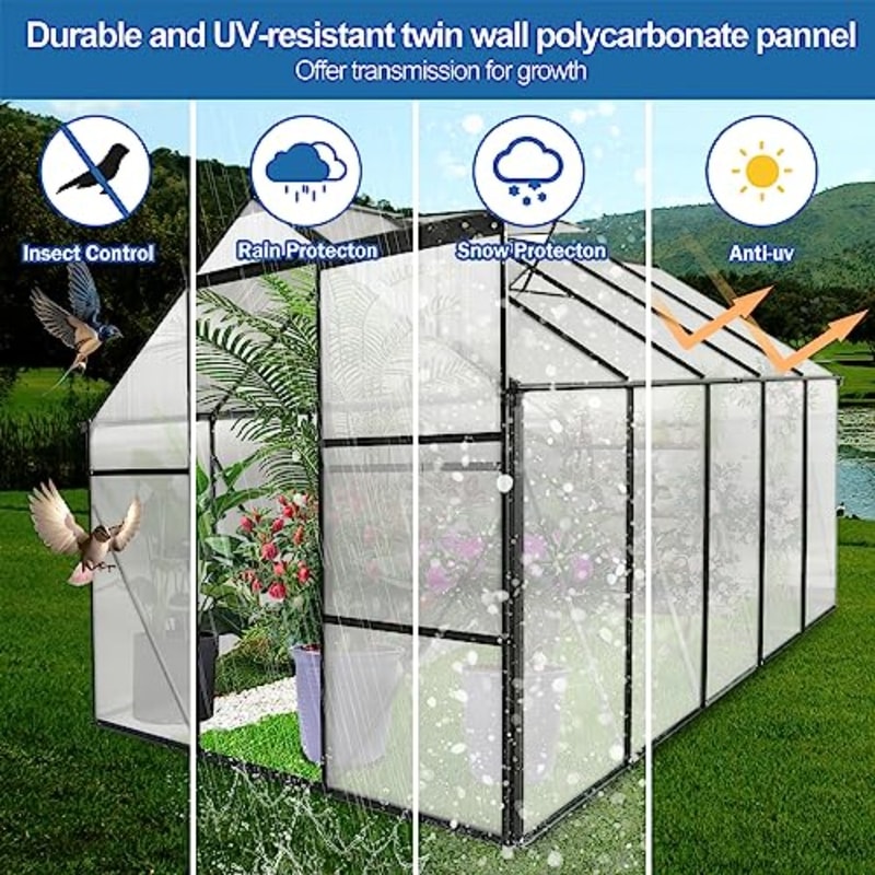Adjustable Roof Vent Outdoor Patio Greenhouse, Sliding Door Walk-In Polycarbonate Greenhouse for Winter Plants
