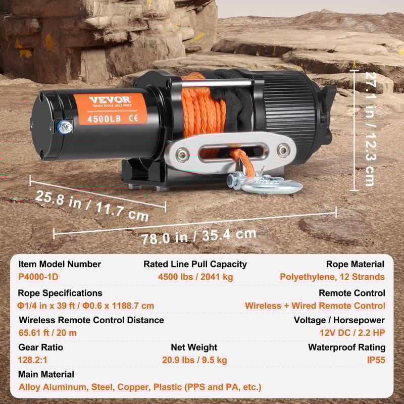 Electric Winch, Synthetic Rope, Wireless & Wired Remote, Waterproof for Jeeps, Lengthterproof for Jeeps
