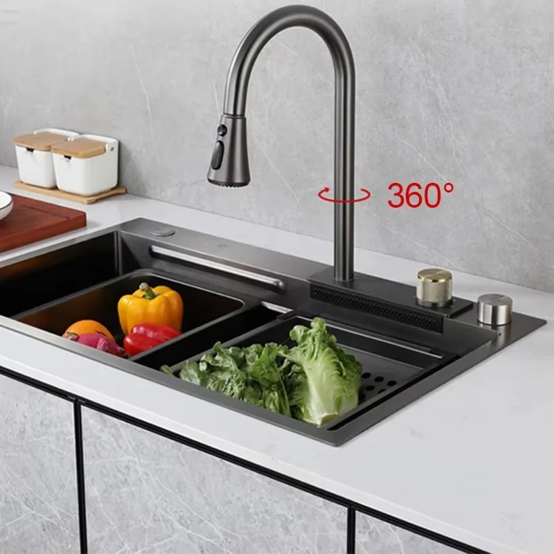 Stainless Steel Waterfall Kitchen Sink With Cup Washer Soap Dispenser Discount AntiScratch Multifu 0