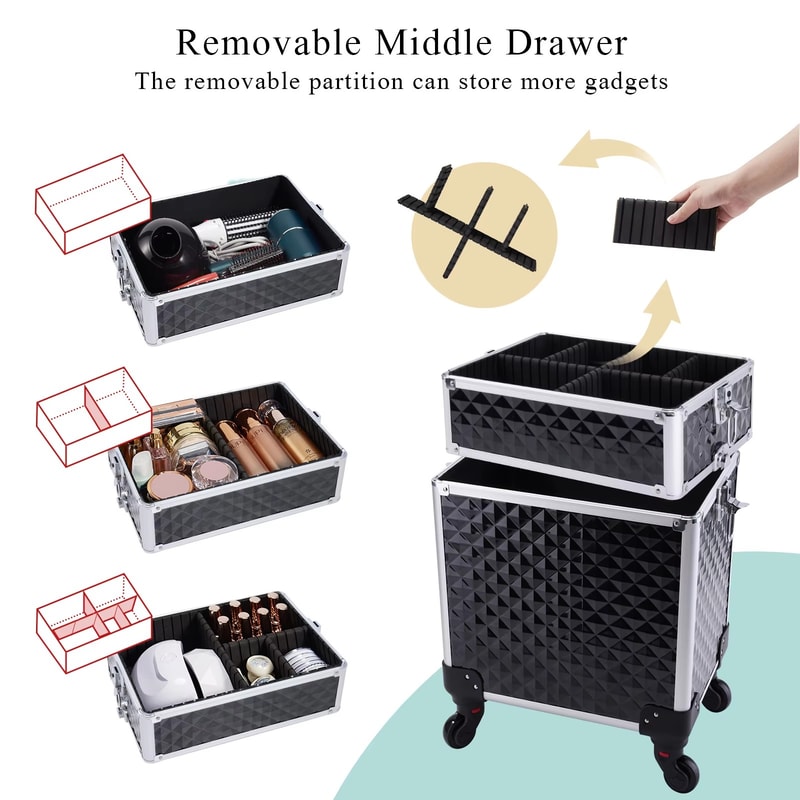 Removable Makeup Case Rolling Makeup Case 3 In 1 Cosmetology Case On Wheels 6