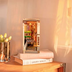 diy book nook bookends model kit by robotime rolife, dollhouse furniture with led light for bookshelf decor