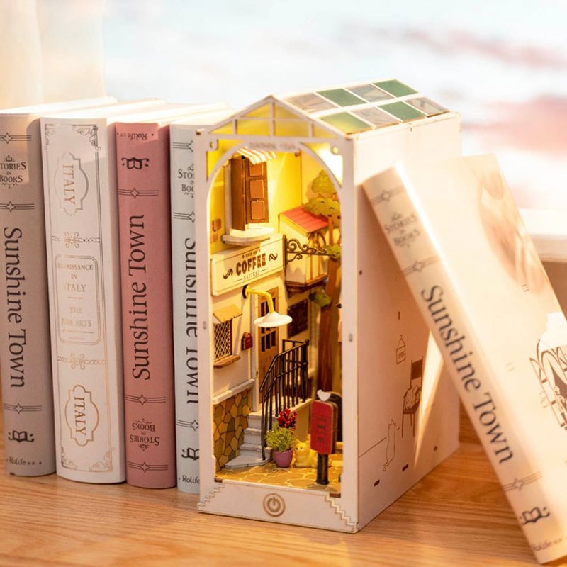 DIY Book Nook Bookends Model Kit By Robotime Rolife Dollhouse Furniture With LED Light For Bookshel 5
