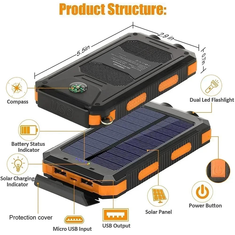 Portable Charging Poverbank Solar Power Bank External Battery Charger With Strong Light LDE Light 4
