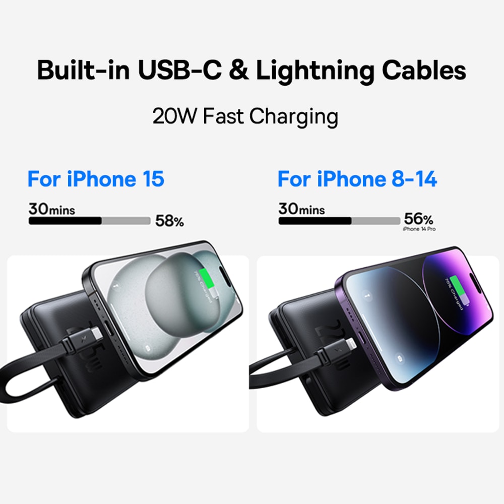 Power Bank With Two Built In Cables PD Fast Charging Compact Portable Charger 2