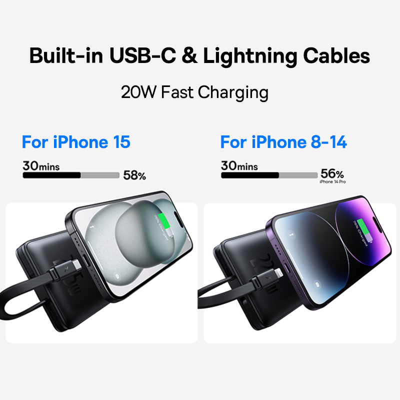 Power Bank With Two Built In Cables PD Fast Charging Compact Portable Charger 2