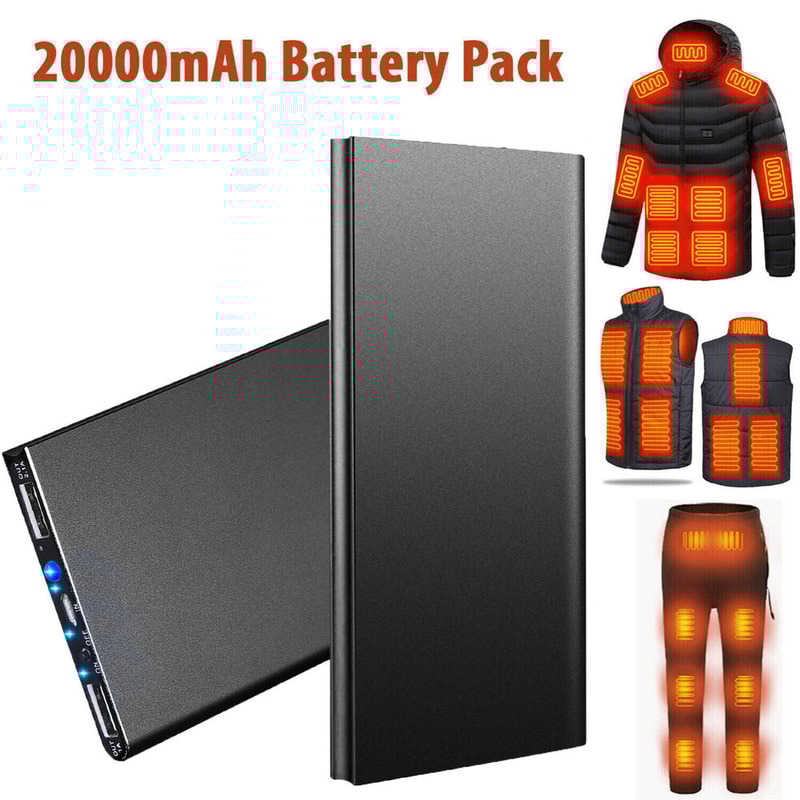 Portable Power Bank, Dual USB Charging Ports for Phone, Heated Jacket, Flashlight