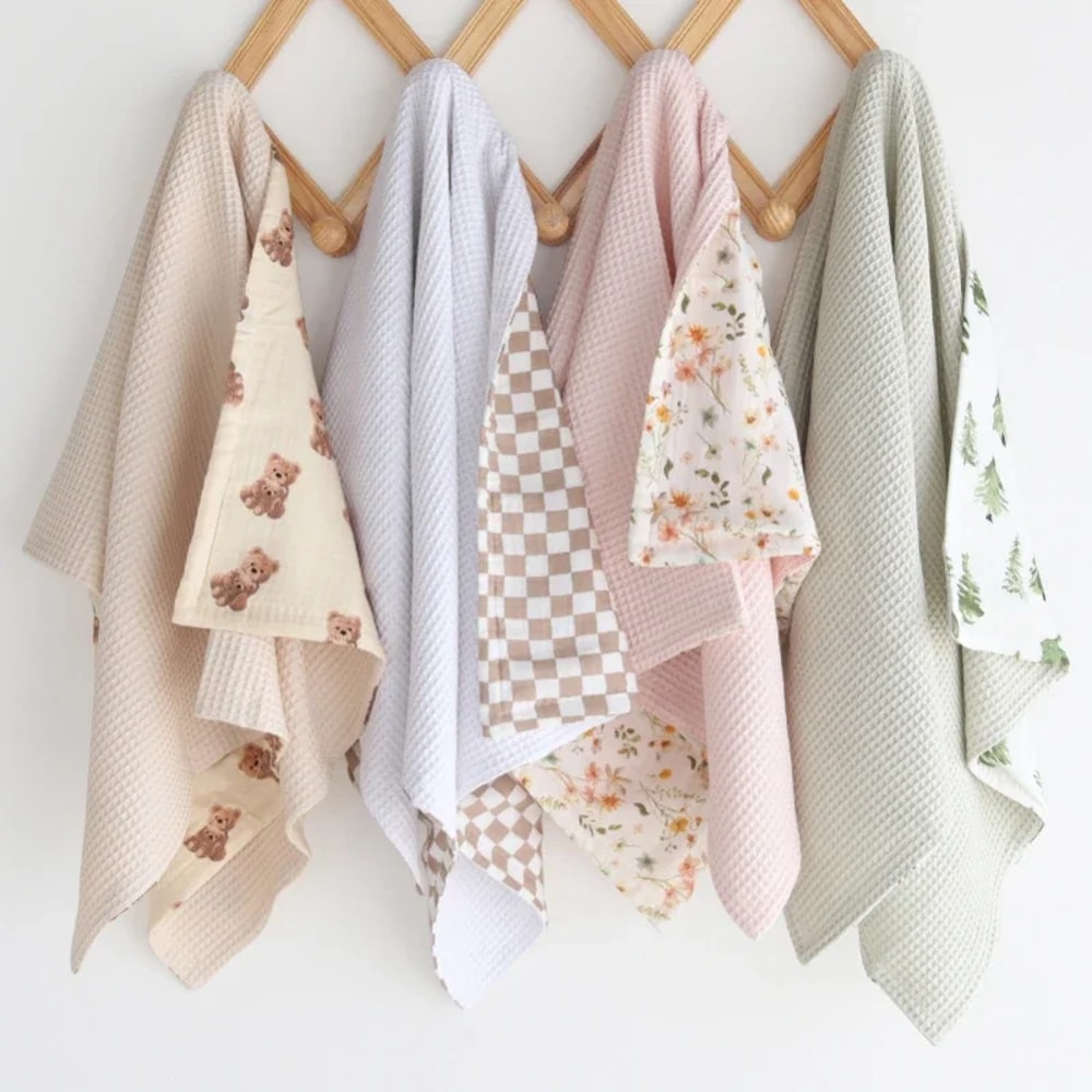 Bamboo Cotton Muslin Swaddle Wrap Blanket Waffle Printed Baby Blanket For Newborn 2