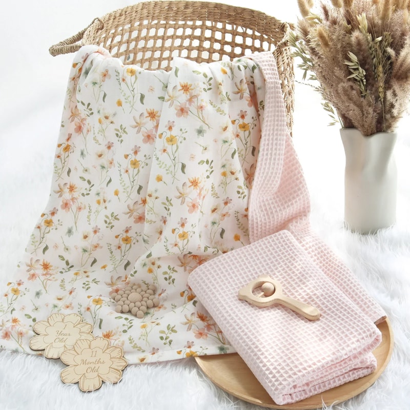 Bamboo Cotton Muslin Swaddle Wrap Blanket Waffle Printed Baby Blanket For Newborn 4