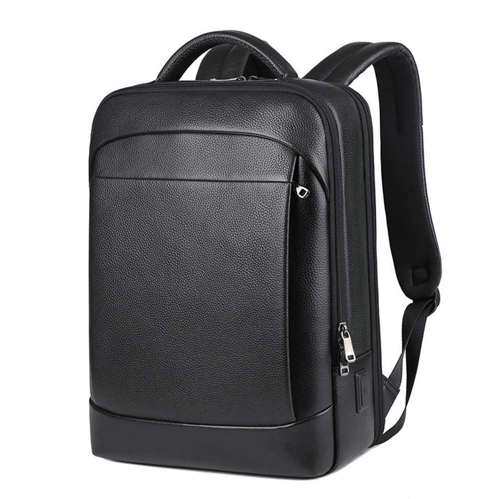 Large Capacity Genuine Leather Backpack for Men, Laptop USB Charge, Anti-Theft Waterproof Travel Bag for Men