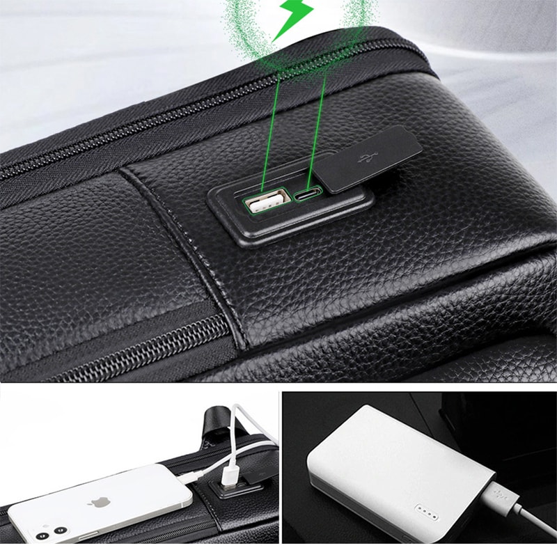 Large Capacity Genuine Leather Backpack for Men, Laptop USB Charge, Anti-Theft Waterproof Travel Bag for Men