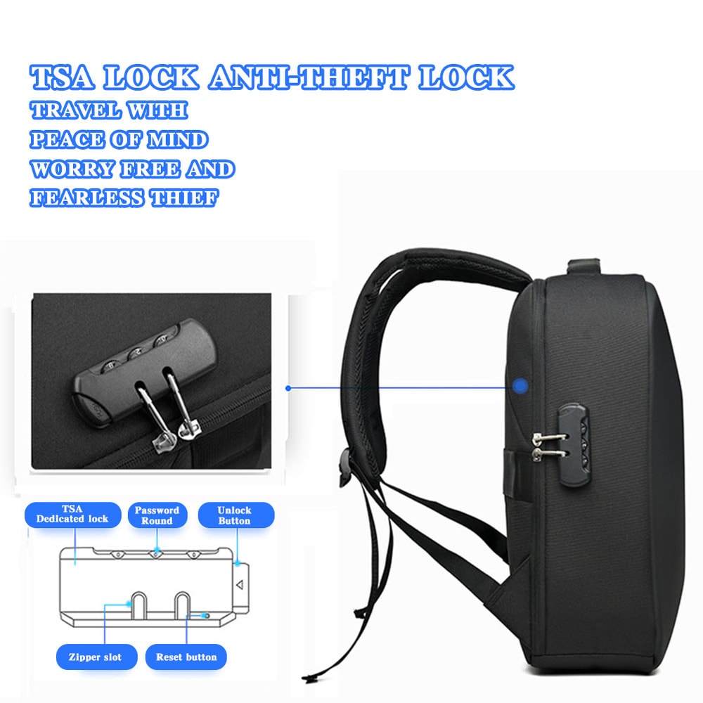 Mens Large Capacity Casual Backpack Waterproof Zipper Daypack Secure Password Lock USB Charging Po 3