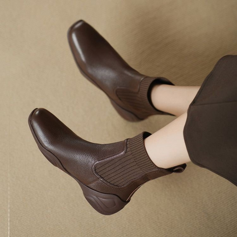 Stretch Sock Boots for Autumn/Winter, Comfortable Women's Soft Leather Chelsea Boots, Fashion Boots with Flexible Sole