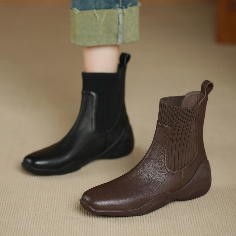 Stretch Sock Boots for Autumn/Winter, Comfortable Women's Soft Leather Chelsea Boots, Fashion Boots with Flexible Sole