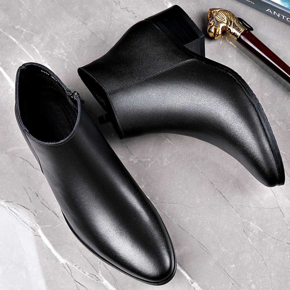 Mens British Business Leather Boots Pointed Toes Chelsea Boots Fashion Casual Shoes High Heels And 4