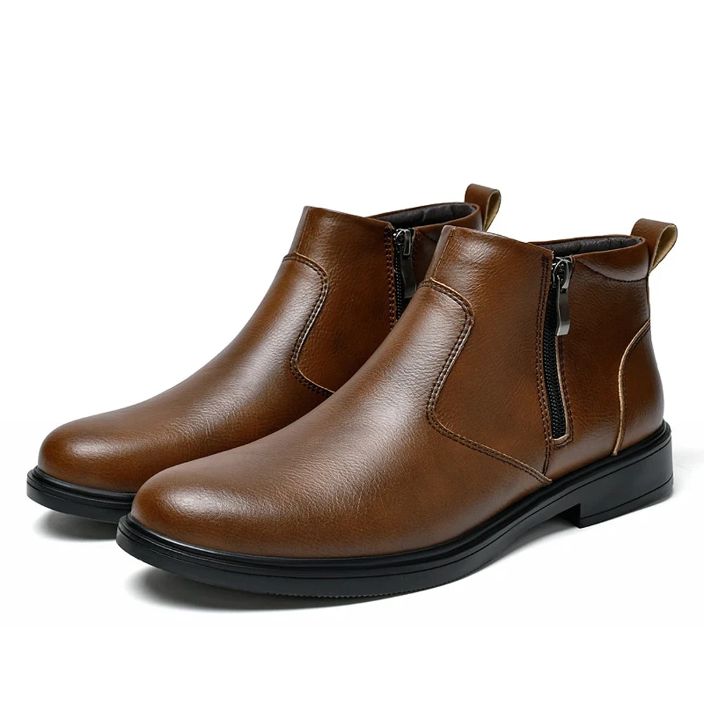 Genuine Leather Mens Winter Plush Chelsea Boots Fashion Brogue Style Ankle Boots Snow Botas Walking 4