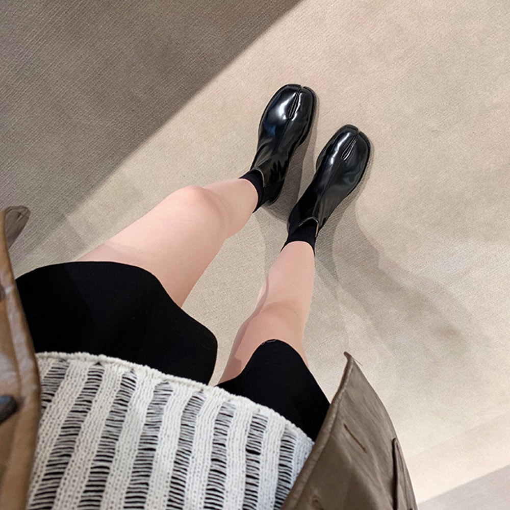 Retro Split Toe Ankle Boots Shiny Matte Leather Tabi Shoes Ninja Chelsea Botas Mujer 6