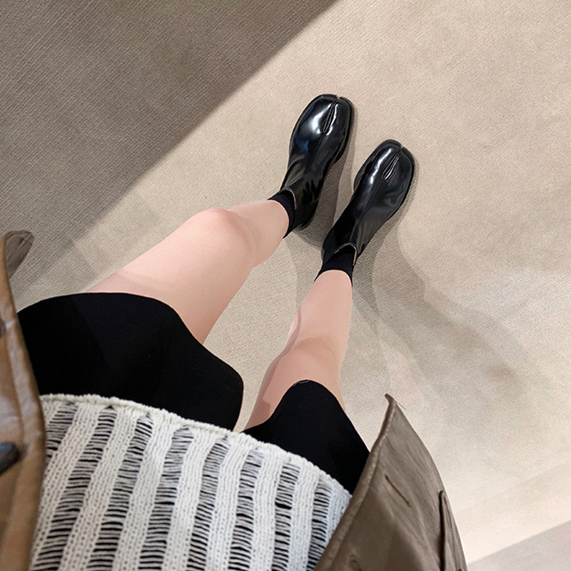 Retro Split Toe Ankle Boots Shiny Matte Leather Tabi Shoes Ninja Chelsea Botas Mujer 6