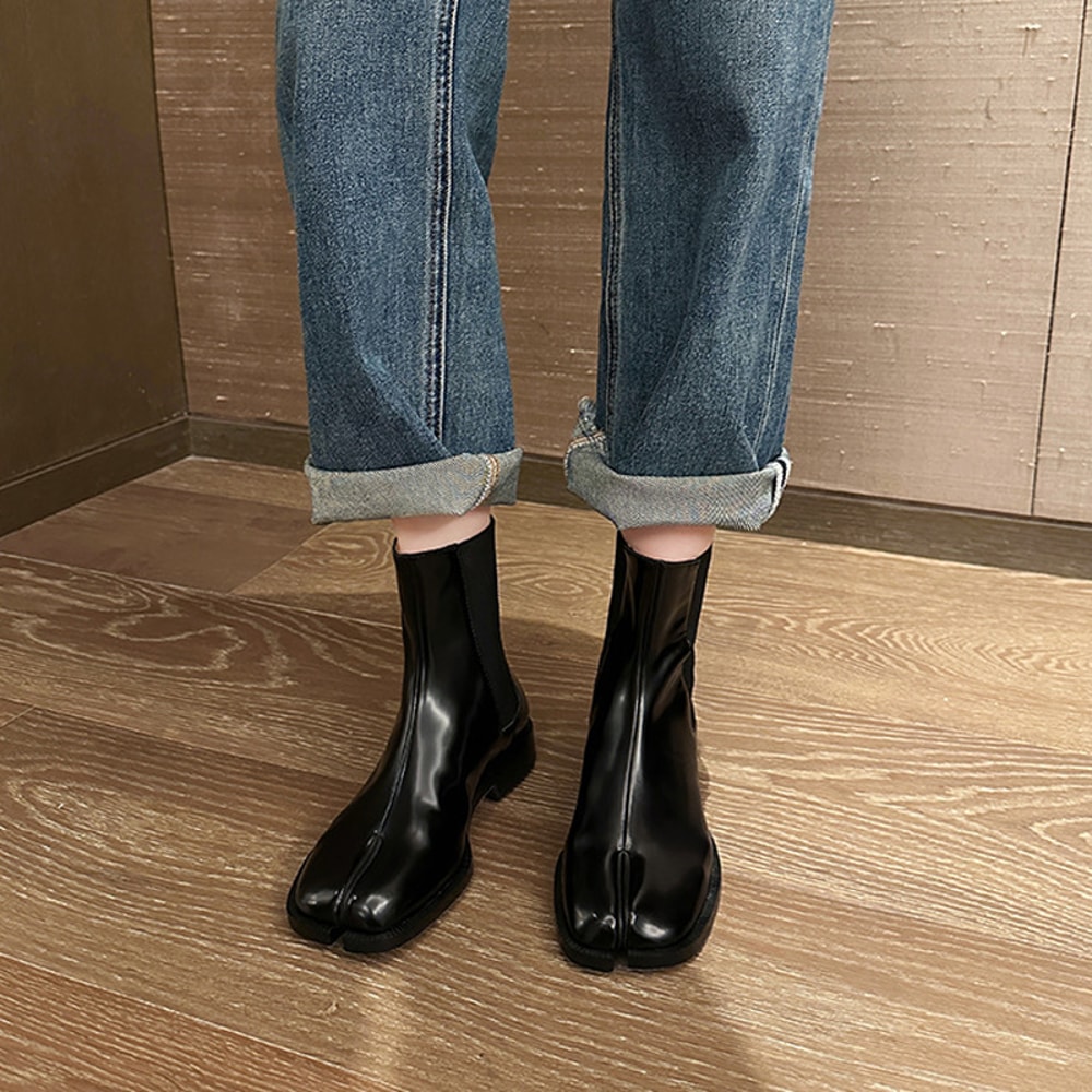 Retro Split Toe Ankle Boots Shiny Matte Leather Tabi Shoes Ninja Chelsea Botas Mujer 7