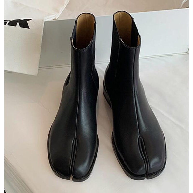 Retro Split Toe Ankle Boots Shiny Matte Leather Tabi Shoes Ninja Chelsea Botas Mujer 2
