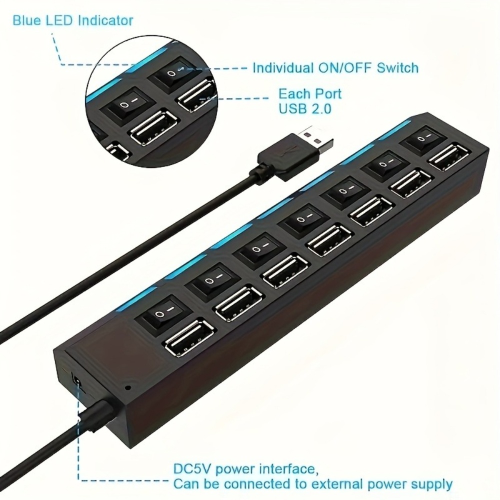 Power Adapter With ONOFF Switch USB Hub Splitter Multiple Expander HUB For PC Laptop MacBook 6