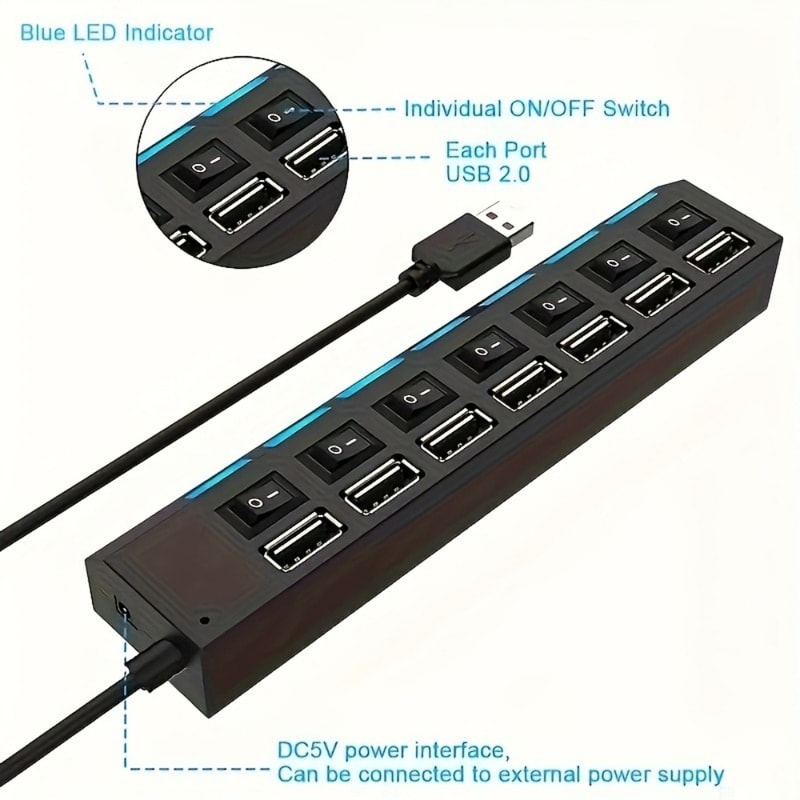 Power Adapter With ONOFF Switch USB Hub Splitter Multiple Expander HUB For PC Laptop MacBook 6