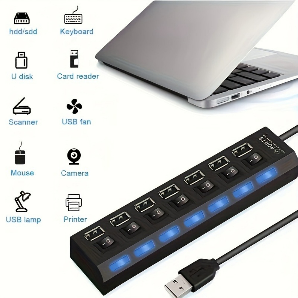 Power Adapter With ONOFF Switch USB Hub Splitter Multiple Expander HUB For PC Laptop MacBook 8