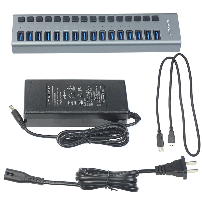Port USB Hub Splitter, High Speed, On/Off Switch, Power Supply for MacBook, PC, Laptop