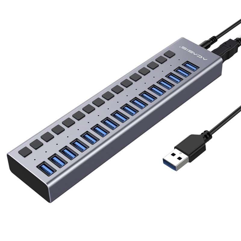 Port USB Hub Splitter, High Speed, On/Off Switch, Power Supply for MacBook, PC, Laptop