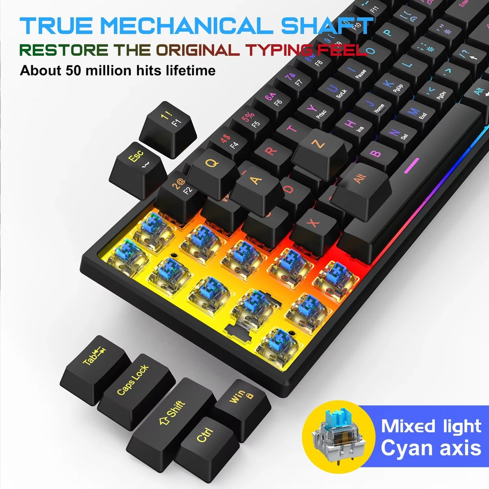 Wired Gaming Keyboard 61 Keys Mechanical Keyboard For Laptop Desktop Ergonomic RGB Backlit Cyan Axi 2