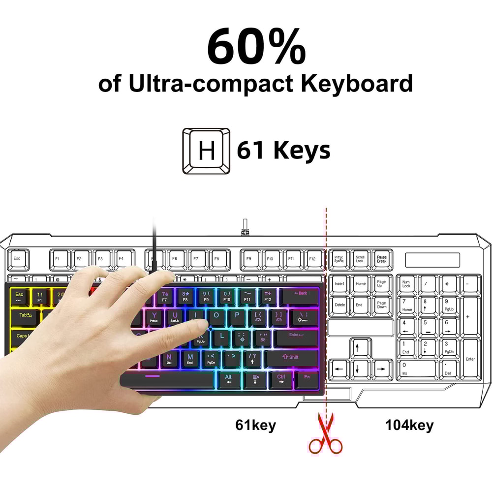 Wired Gaming Keyboard 61 Keys Mechanical Keyboard For Laptop Desktop Ergonomic RGB Backlit Cyan Axi 6