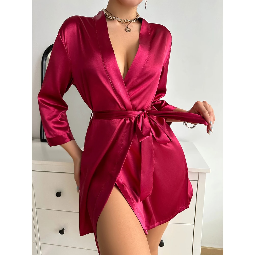 Long Sleeve V Neck Solid Satin Night Robe With Belt Womens Sleepwear For Comfort 1