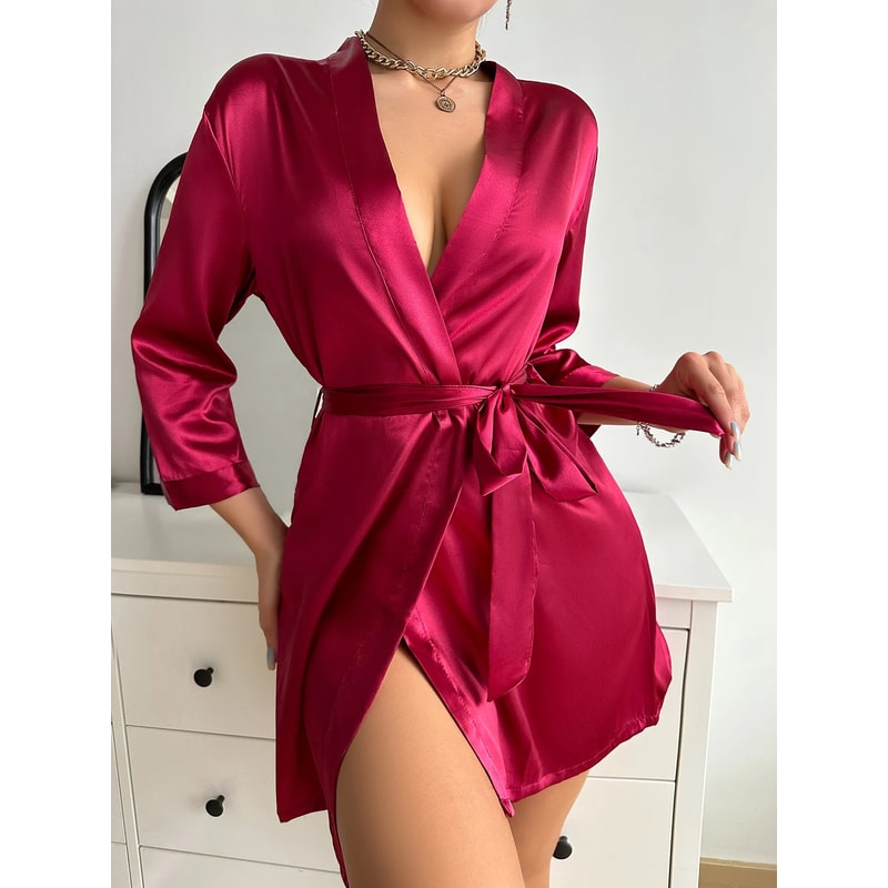 Long Sleeve V Neck Solid Satin Night Robe With Belt Womens Sleepwear For Comfort 1