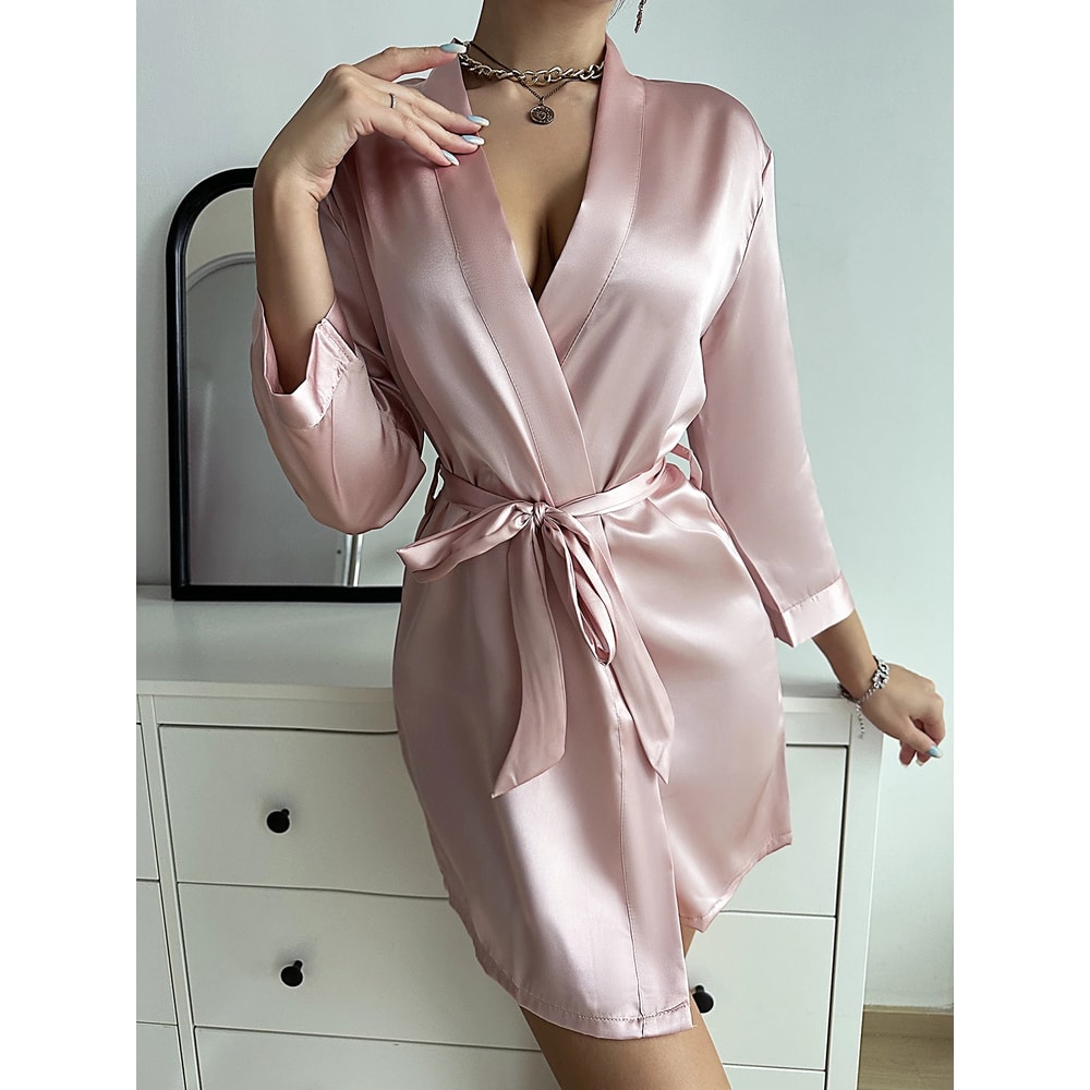Long Sleeve V Neck Solid Satin Night Robe With Belt Womens Sleepwear For Comfort 7