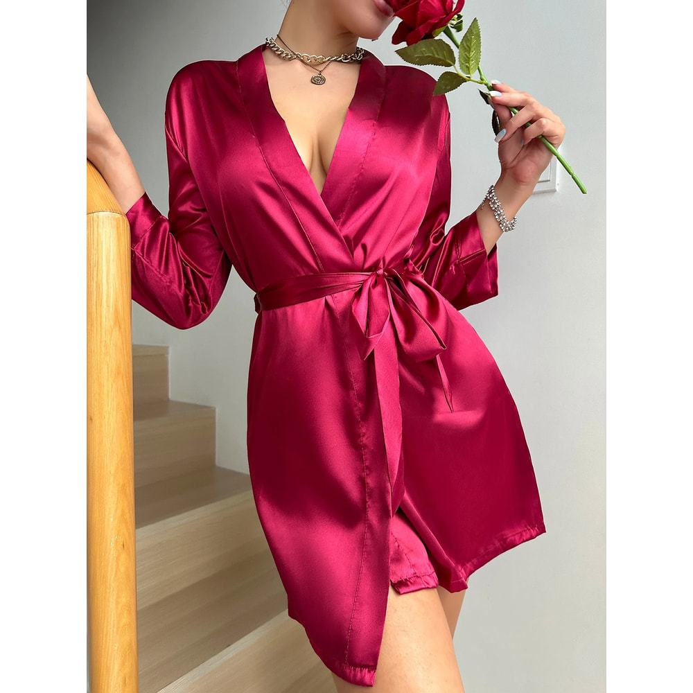Long Sleeve V Neck Solid Satin Night Robe With Belt Womens Sleepwear For Comfort 8