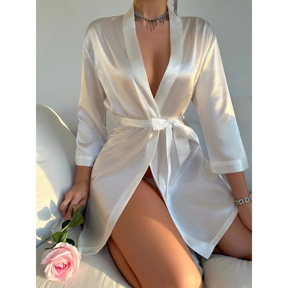 Long Sleeve V Neck Solid Satin Night Robe With Belt Womens Sleepwear For Comfort 0