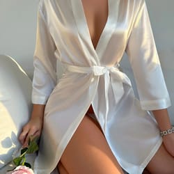 long sleeve v neck solid satin night robe with belt, women's sleepwear for comfort