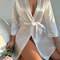 Long Sleeve V Neck Solid Satin Night Robe With Belt Womens Sleepwear For Comfort 0